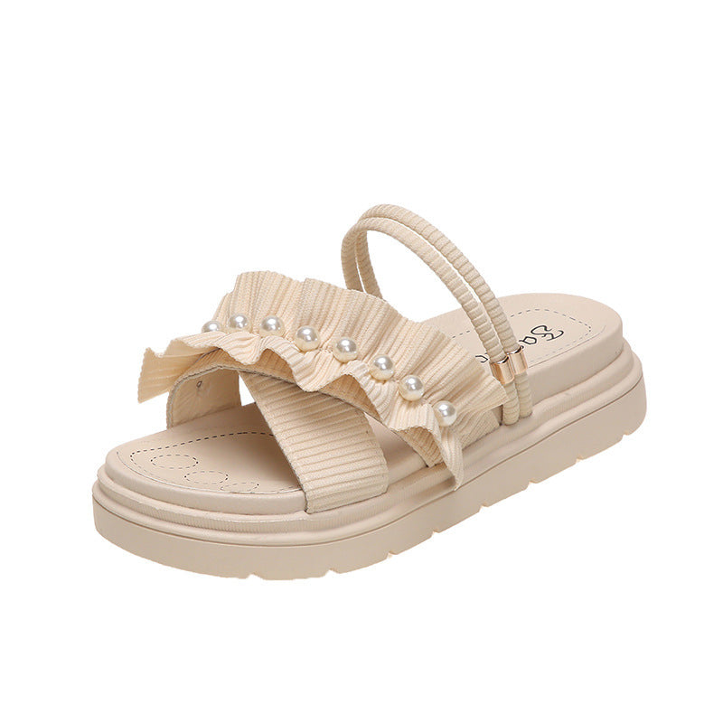 Γυναικεία Flatform Σανδάλια με Πέρλες & Σούρα