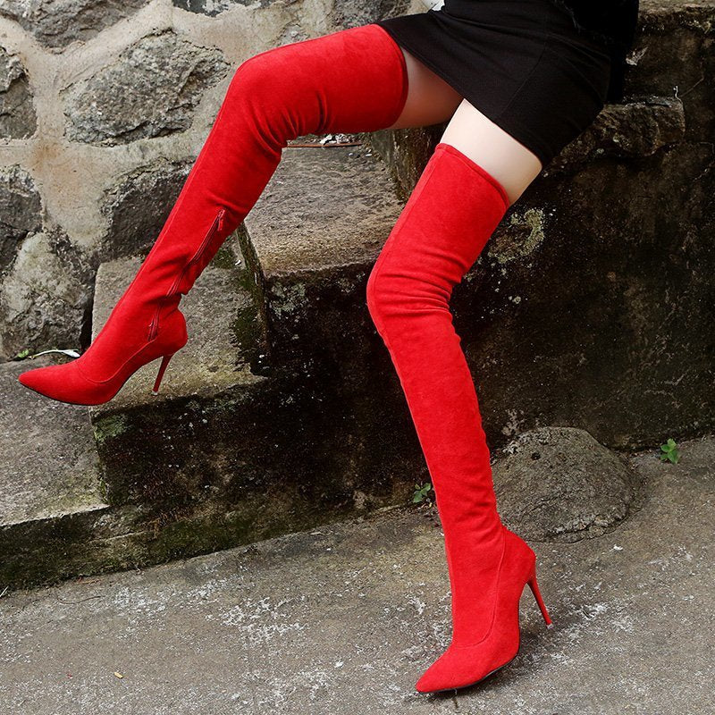 Over-the-Knee Μπότες Suede με Λεπτό Τακούνι