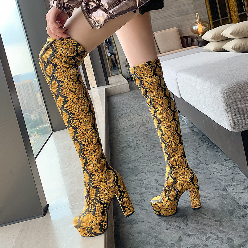 Μπότες Over the Knee με Snake Print & Χοντρό Τακούνι