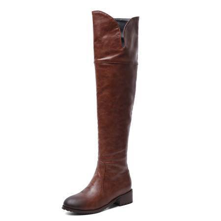 Μπότες Over-the-Knee με Χαμηλό Τακούνι & Δερμάτινη Υφή