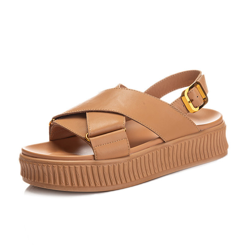 Δερμάτινα Flatform Σανδάλια με Χιαστί Λουράκια, Χρυσή Αγκράφα & Ρυθμιζόμενο Κλείσιμο