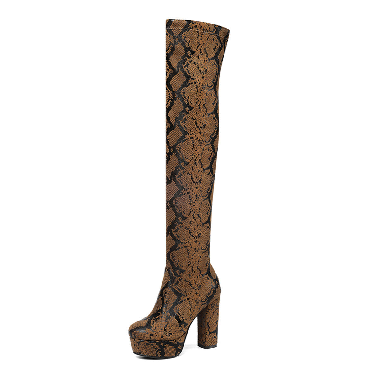 Μπότες Over the Knee με Snake Print & Χοντρό Τακούνι