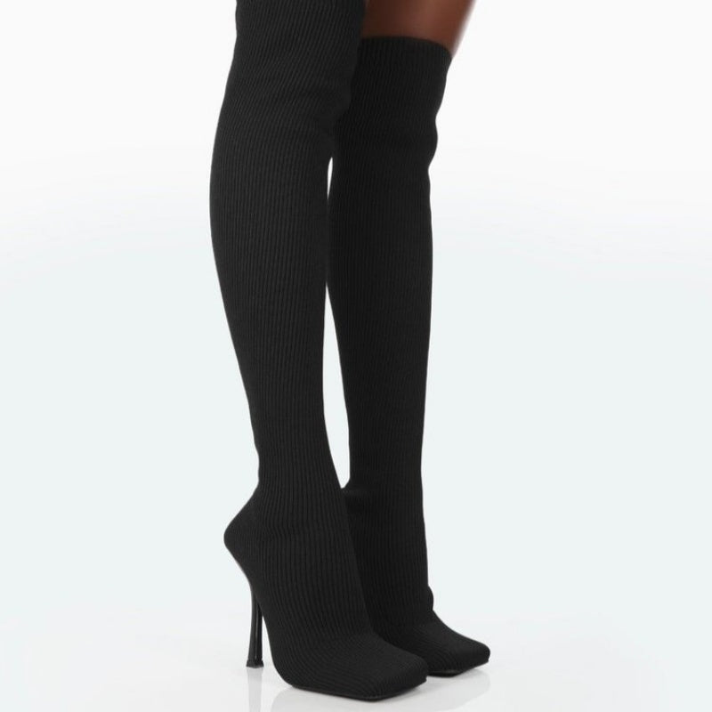Πλεκτές Over the Knee Μπότες με Ψηλό Τακούνι