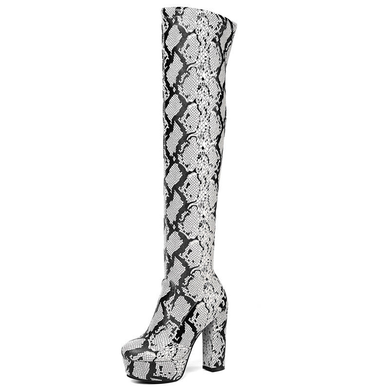 Μπότες Over the Knee με Snake Print & Χοντρό Τακούνι