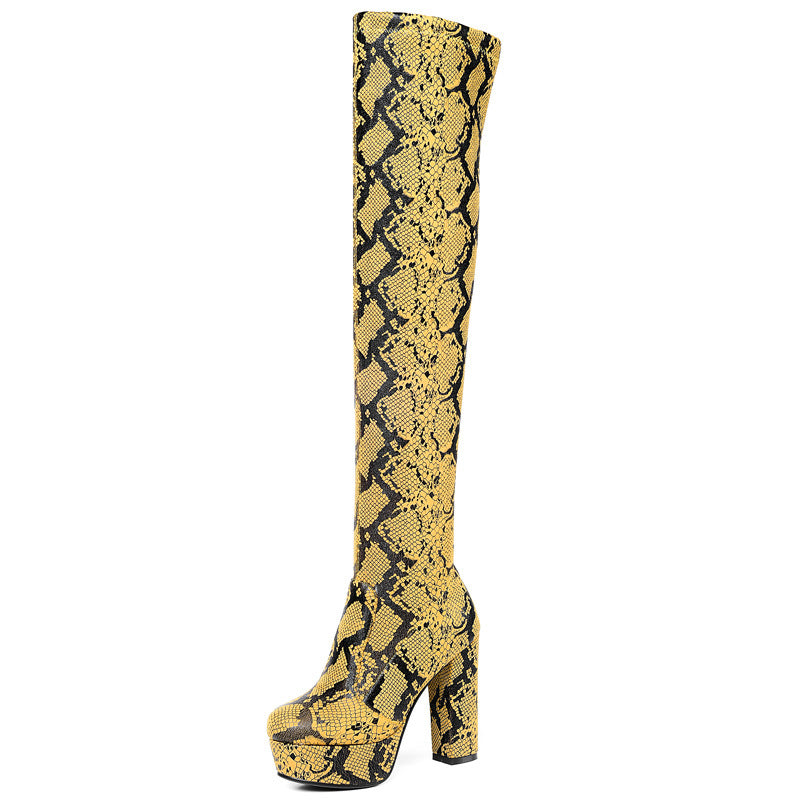 Μπότες Over the Knee με Snake Print & Χοντρό Τακούνι