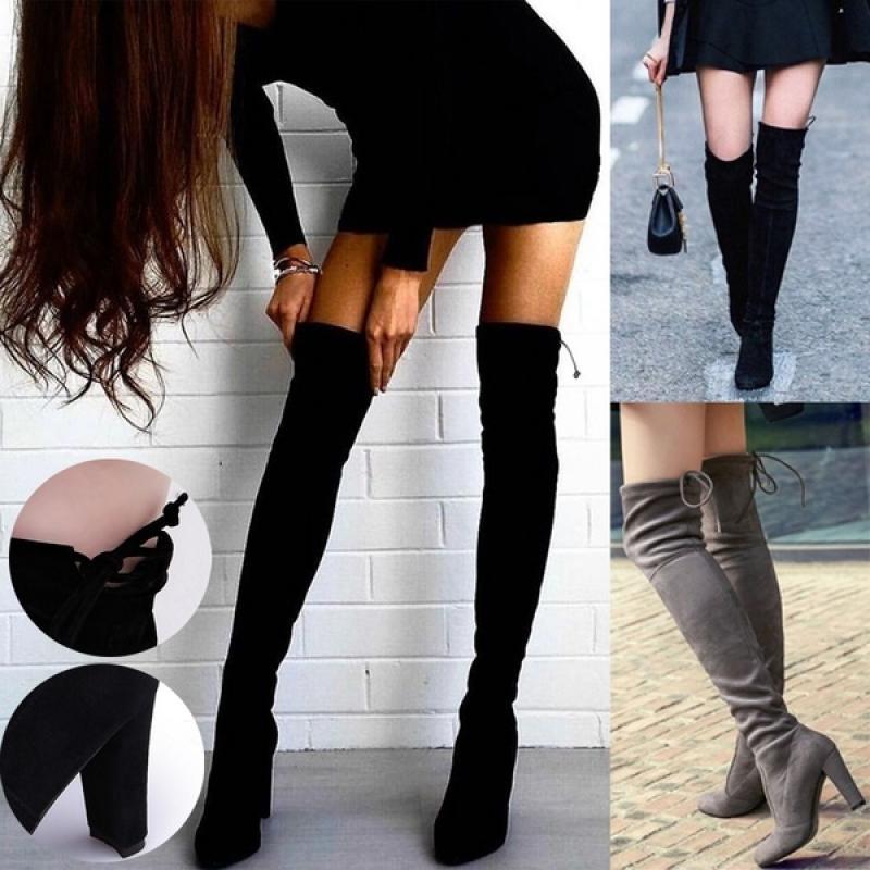 Μπότες Over-the-Knee με Χοντρό Τακούνι & Δέσιμο στο Πίσω Μέρος