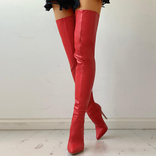 Μπότες Over-the-Knee με Ψηλό Τακούνι & Δερμάτινη Υφή