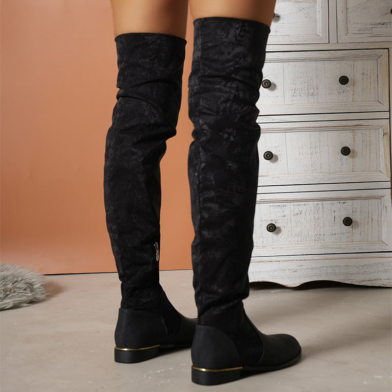 Μπότες Over-the-Knee Flat με Φερμουάρ & Χρυσή Λεπτομέρεια