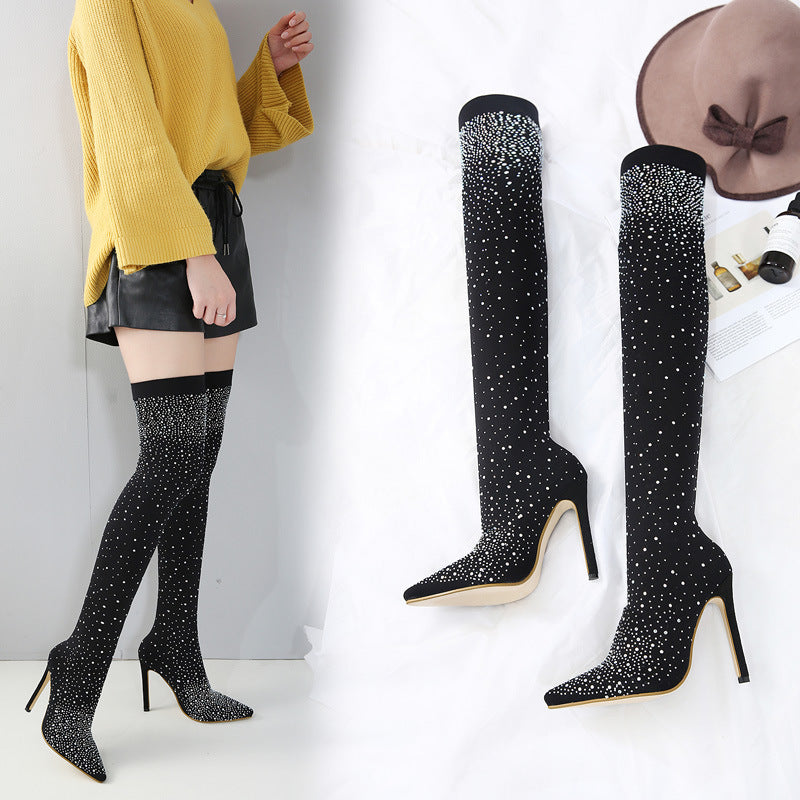 Εντυπωσιακές Over the Knee Μπότες με Στρας & Ψηλό Τακούνι