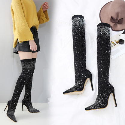 Εντυπωσιακές Over the Knee Μπότες με Στρας & Ψηλό Τακούνι