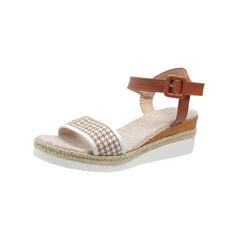 Flatform Σανδάλια με Ύφανση Pied de Poule & Δερμάτινο Λουράκι