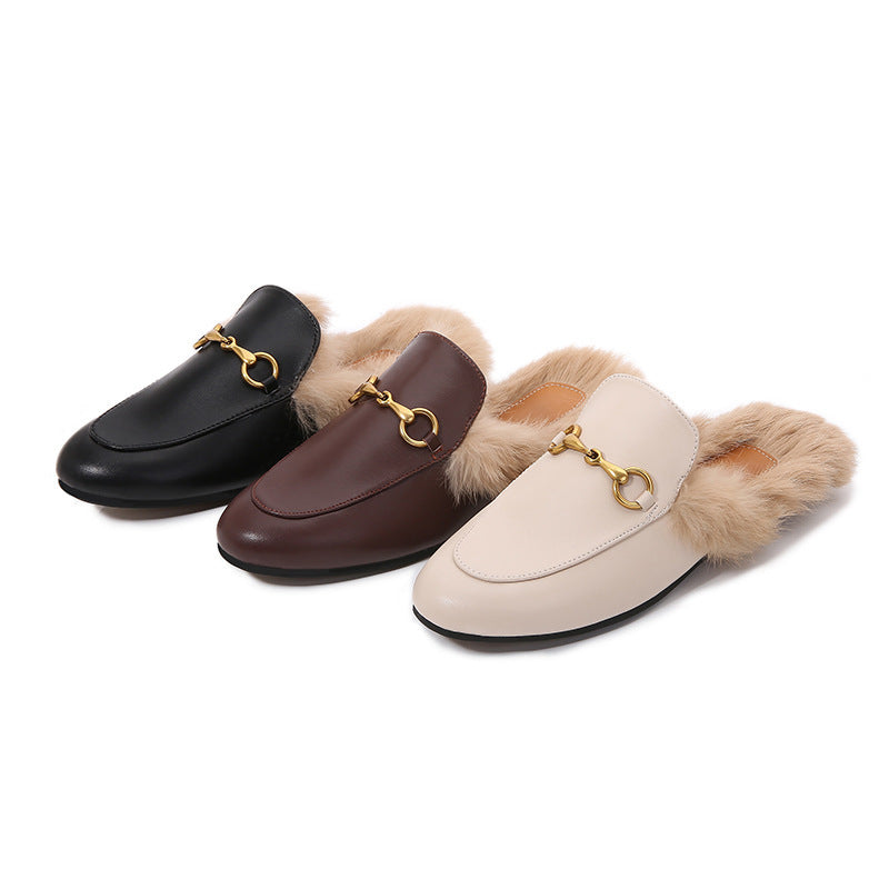 Γυναικεία Mules Flat με Διακοσμητική Αγκράφα & Επένδυση Γούνας