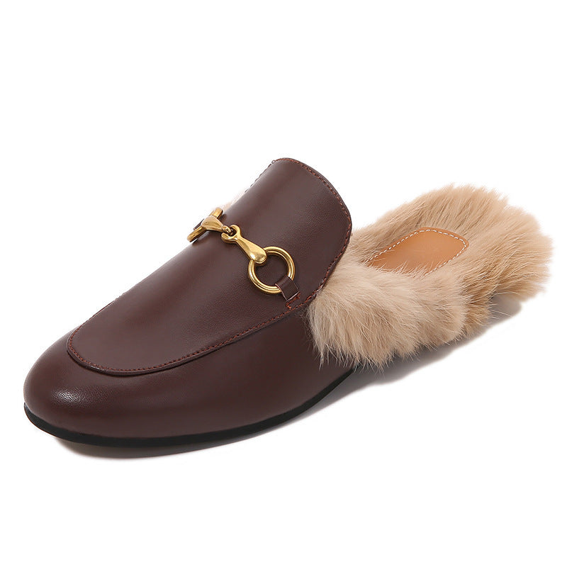 Γυναικεία Mules Flat με Διακοσμητική Αγκράφα & Επένδυση Γούνας