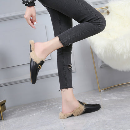 Γυναικεία Mules Flat με Διακοσμητική Αγκράφα & Επένδυση Γούνας