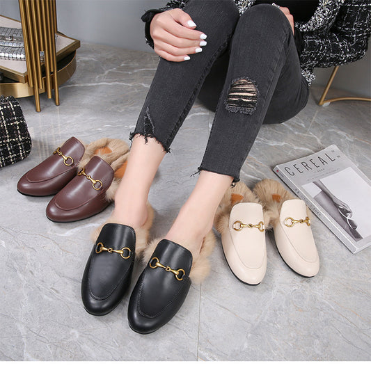 Γυναικεία Mules Flat με Διακοσμητική Αγκράφα & Επένδυση Γούνας