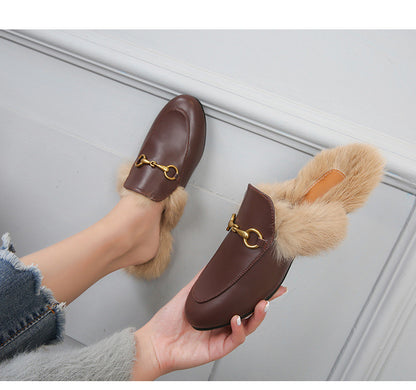 Γυναικεία Mules Flat με Διακοσμητική Αγκράφα & Επένδυση Γούνας