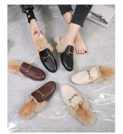 Γυναικεία Mules Flat με Διακοσμητική Αγκράφα & Επένδυση Γούνας