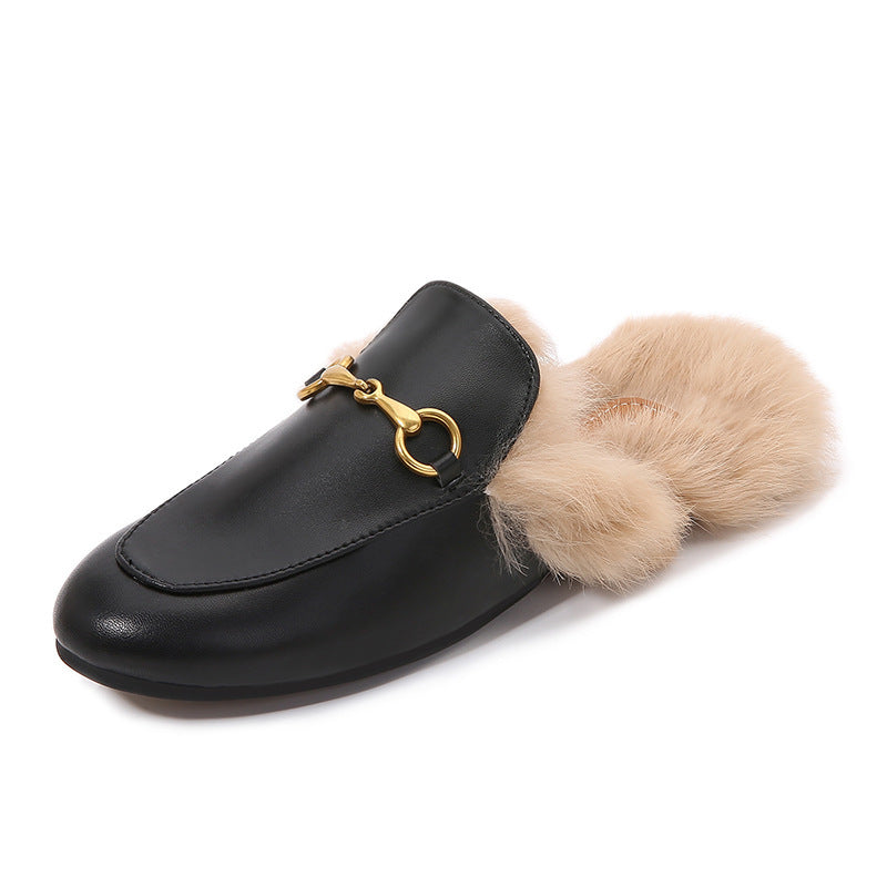 Γυναικεία Mules Flat με Διακοσμητική Αγκράφα & Επένδυση Γούνας