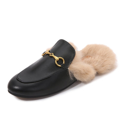 Γυναικεία Mules Flat με Διακοσμητική Αγκράφα & Επένδυση Γούνας