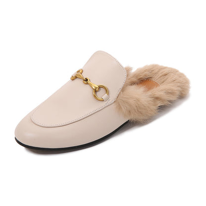 Γυναικεία Mules Flat με Διακοσμητική Αγκράφα & Επένδυση Γούνας