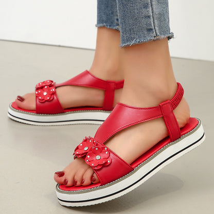 Flatform Σανδάλια με Διακοσμητικά Λουλούδια & Ελαστικό Λουράκι