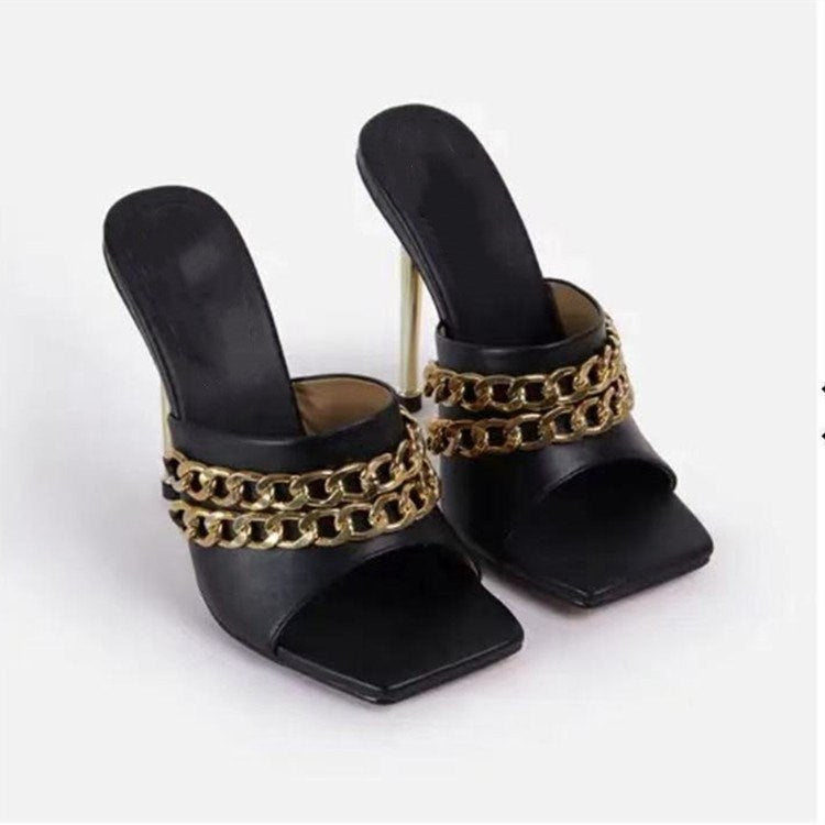 Mules με Ψηλό Τακούνι & Διπλή Χρυσή Αλυσίδα