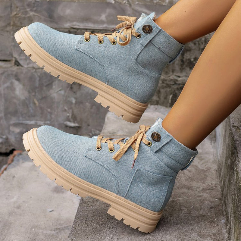 Denim Μποτάκια με Chunky Σόλα & Κορδόνια