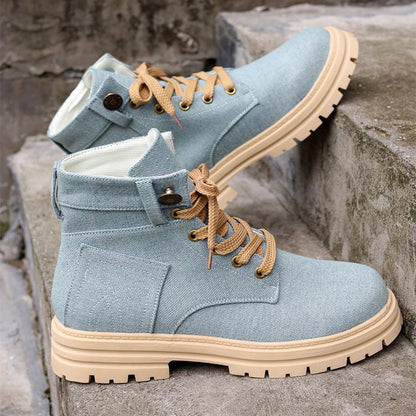 Denim Μποτάκια με Chunky Σόλα & Κορδόνια