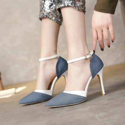 Γόβες Stiletto με Ύφασμα Denim & Λευκό Λουράκι