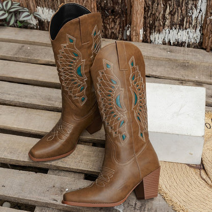 Ψηλές Μπότες Western με Διακοσμητικό Κέντημα