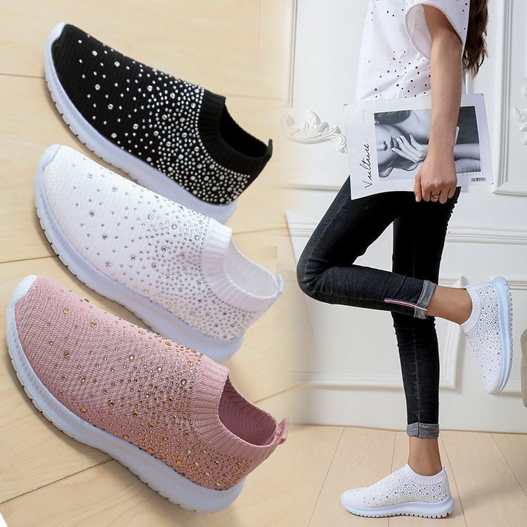 Slip-On Πλεκτά Παπούτσια με Διακοσμητικά Στρας & Αντιολισθητική Σόλα