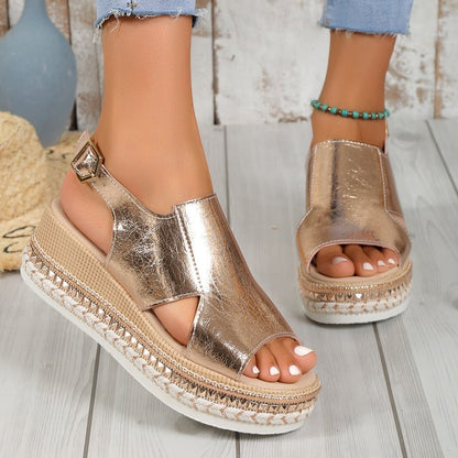 Flatforms Μεταλλιζέ με Υφαντή Εσπαντρίγια Σόλα & Κομψό Λουράκι
