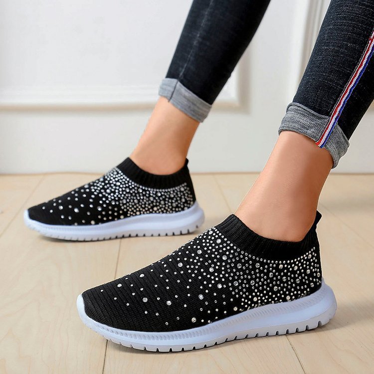 Slip-On Πλεκτά Παπούτσια με Διακοσμητικά Στρας & Αντιολισθητική Σόλα