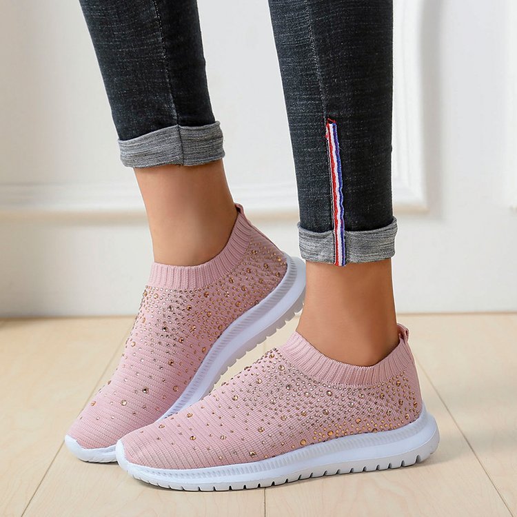 Slip-On Πλεκτά Παπούτσια με Διακοσμητικά Στρας & Αντιολισθητική Σόλα