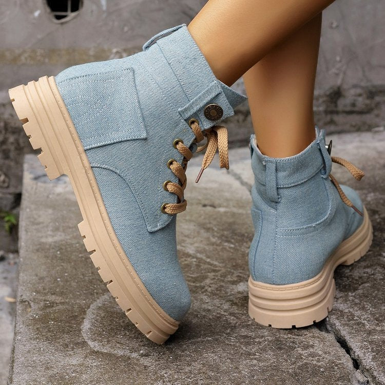 Denim Μποτάκια με Chunky Σόλα & Κορδόνια