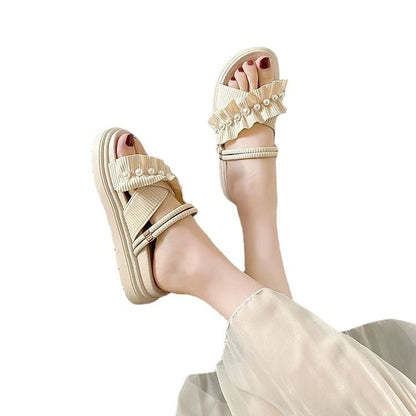 Γυναικεία Flatform Σανδάλια με Πέρλες & Σούρα