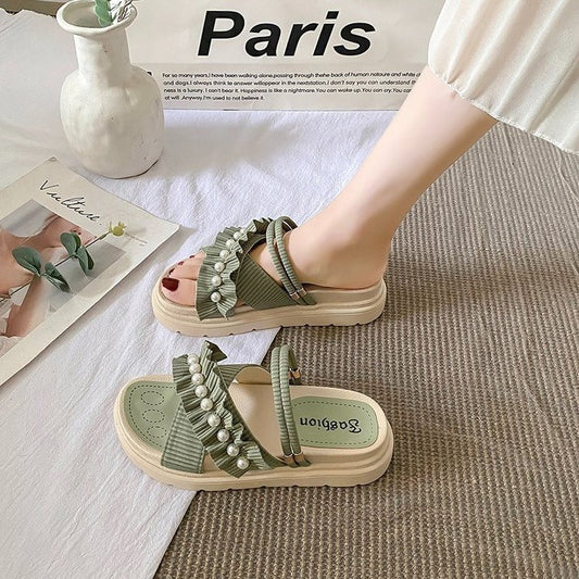 Γυναικεία Flatform Σανδάλια με Πέρλες & Σούρα