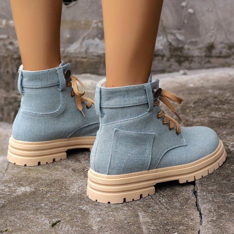Denim Μποτάκια με Chunky Σόλα & Κορδόνια