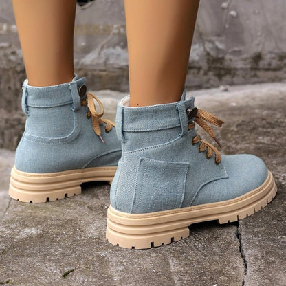 Denim Μποτάκια με Chunky Σόλα & Κορδόνια