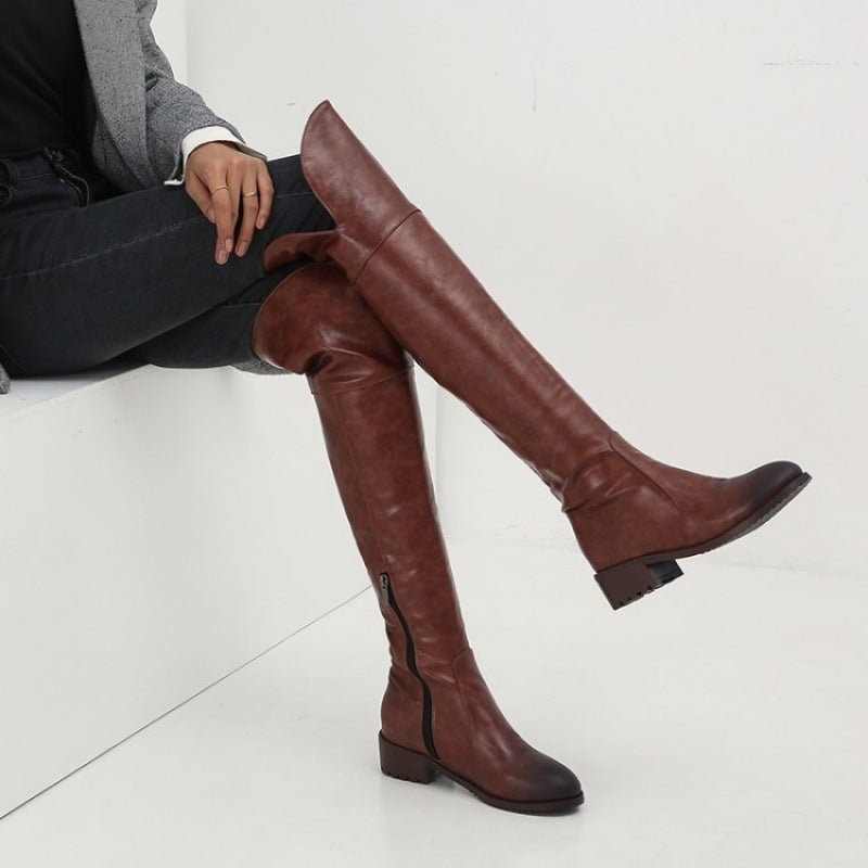 Μπότες Over-the-Knee με Χαμηλό Τακούνι & Δερμάτινη Υφή