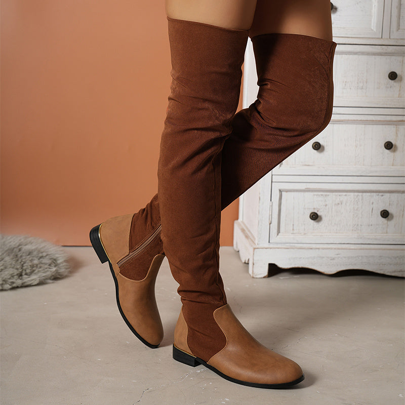 Μπότες Over-the-Knee Flat με Φερμουάρ & Χρυσή Λεπτομέρεια
