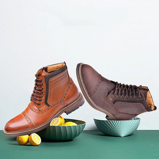 Δερμάτινα Επίσημα Μποτάκια Brogue με Κορδόνια & Φερμουάρ