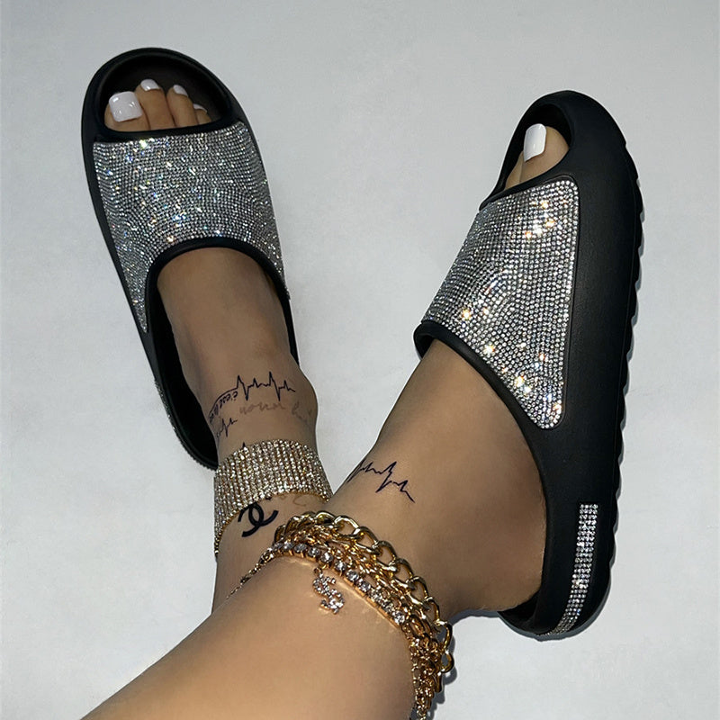 Παντόφλες Slides με Διακοσμητικά Strass & Ανάγλυφη Σόλα