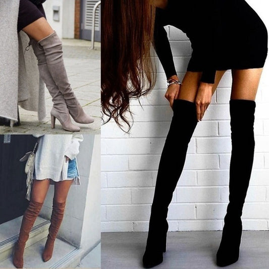 Over the Knee Μπότες με Στρογγυλή Μύτη & Χοντρό Τακούνι