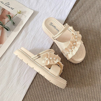 Γυναικεία Flatform Σανδάλια με Πέρλες & Σούρα