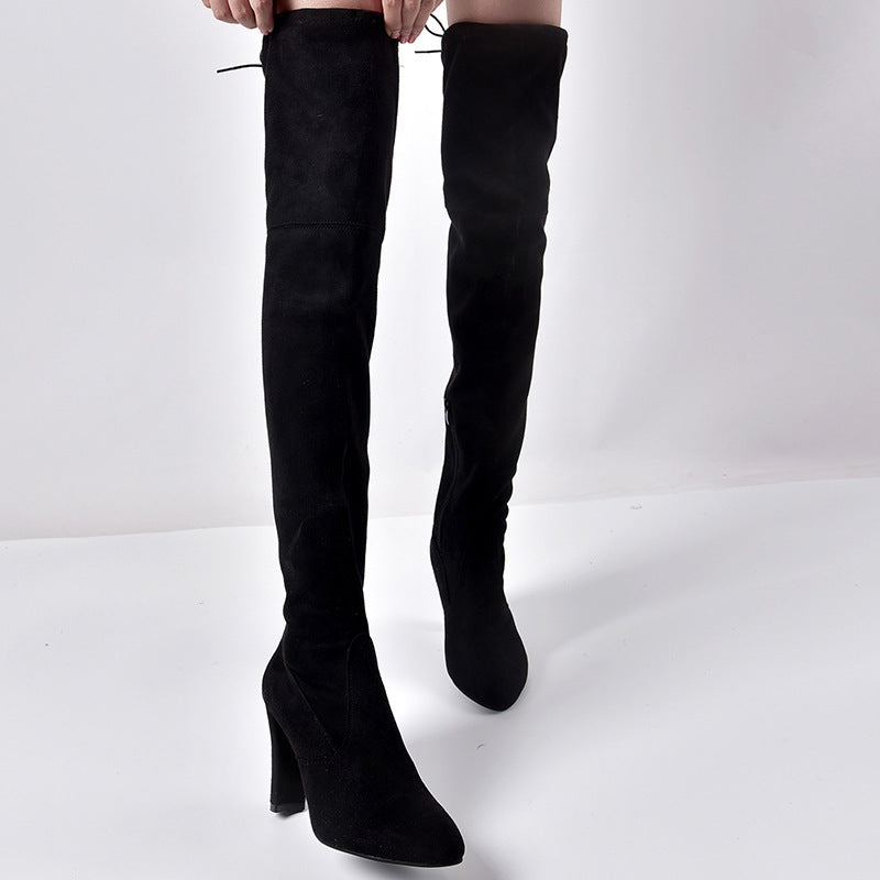 Over the Knee Μπότες με Στρογγυλή Μύτη & Χοντρό Τακούνι