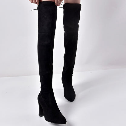 Over the Knee Μπότες με Στρογγυλή Μύτη & Χοντρό Τακούνι