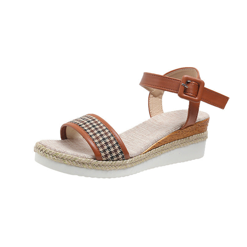 Flatform Σανδάλια με Ύφανση Pied de Poule & Δερμάτινο Λουράκι