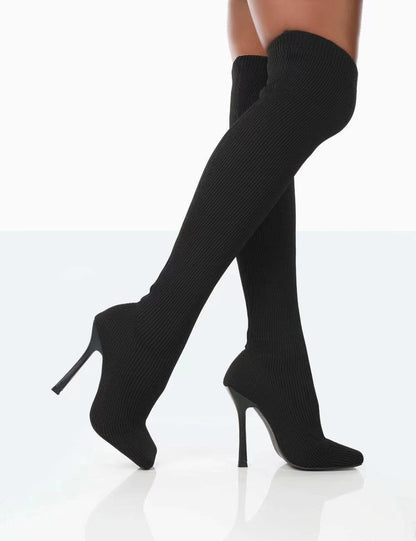 Πλεκτές Over the Knee Μπότες με Ψηλό Τακούνι