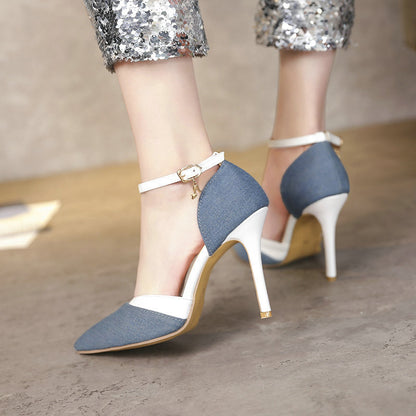 Γόβες Stiletto με Ύφασμα Denim & Λευκό Λουράκι